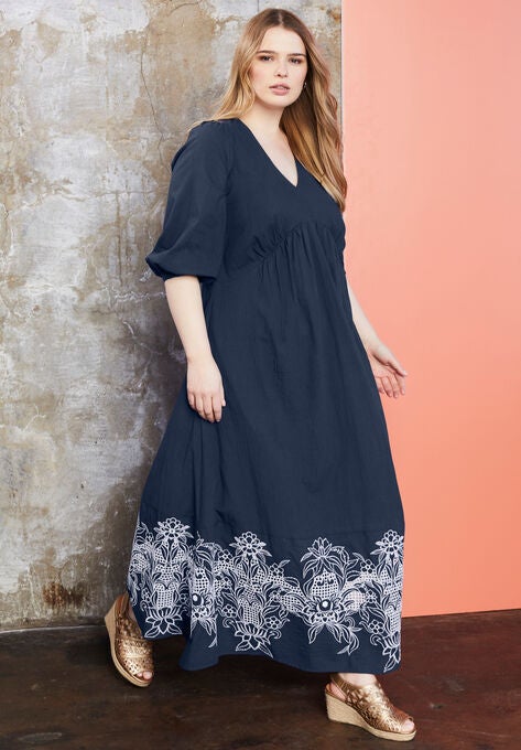 Eyelet-Trim V-Neck Maxi Dress, NAVY LOTUS OPEN, hi-res image number null