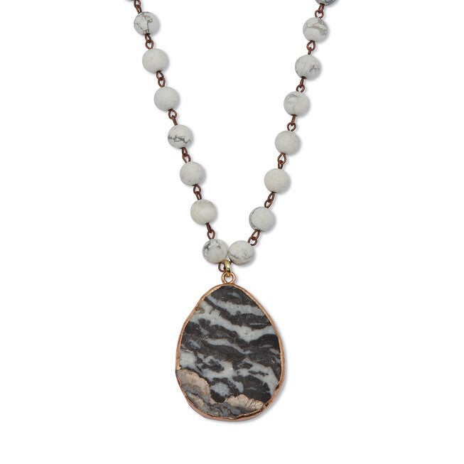 Genuine Grey Agate and Howlite Goldtone Pendant Necklace 34-inch, GRAY, hi-res image number 0