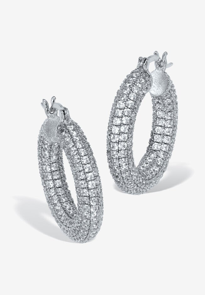 Round Crystal Silvertone Hoop Earrings, 26Mm, SILVER, hi-res image number 0