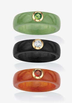 Genuine Jade And Peridot, Garnet And White Topaz Ring 3-Piece Set In 10K Gold