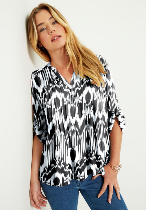 Roll-Tab Popover Tunic, BLACK IKAT, hi-res image number null