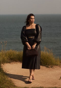 Puff Sleeve Faux Leather Midi Dress