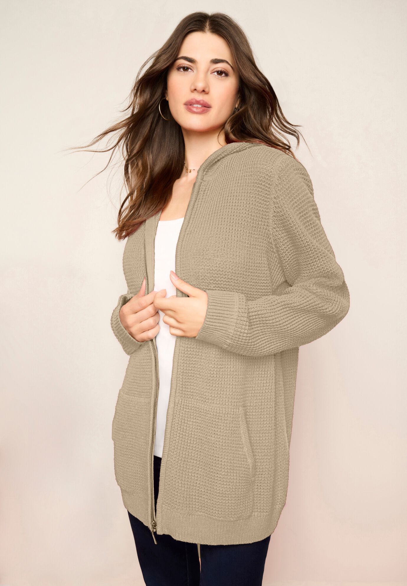 Plus Size Waffle Knit Zip-Front Relaxed Hoodie, SANDY BEIGE, alternate image number 2
