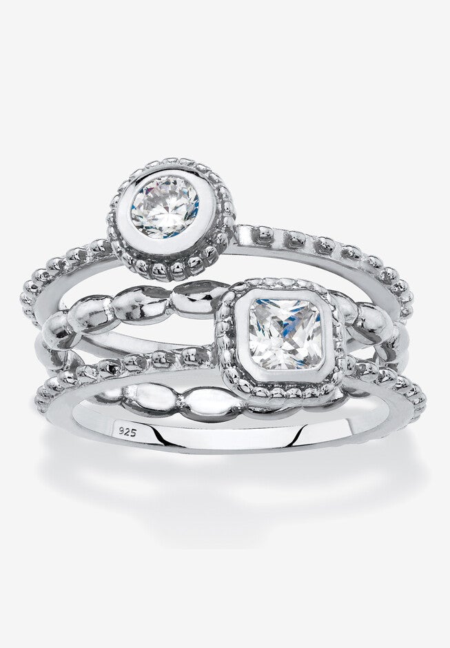 .62 Tcw Sterling Silver Stack 3 Piece Cubic Zirconia Ring Set, SILVER, hi-res image number null