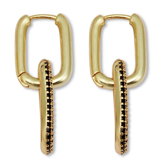 Round Black Crystal Goldtone Oval Link Drop Earrings, BLACK, on-hover image number 1