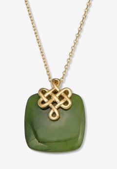 Cushion Cut Genuine Green Jade 18K Gold-Plated Pendant Necklace, 18 Inches