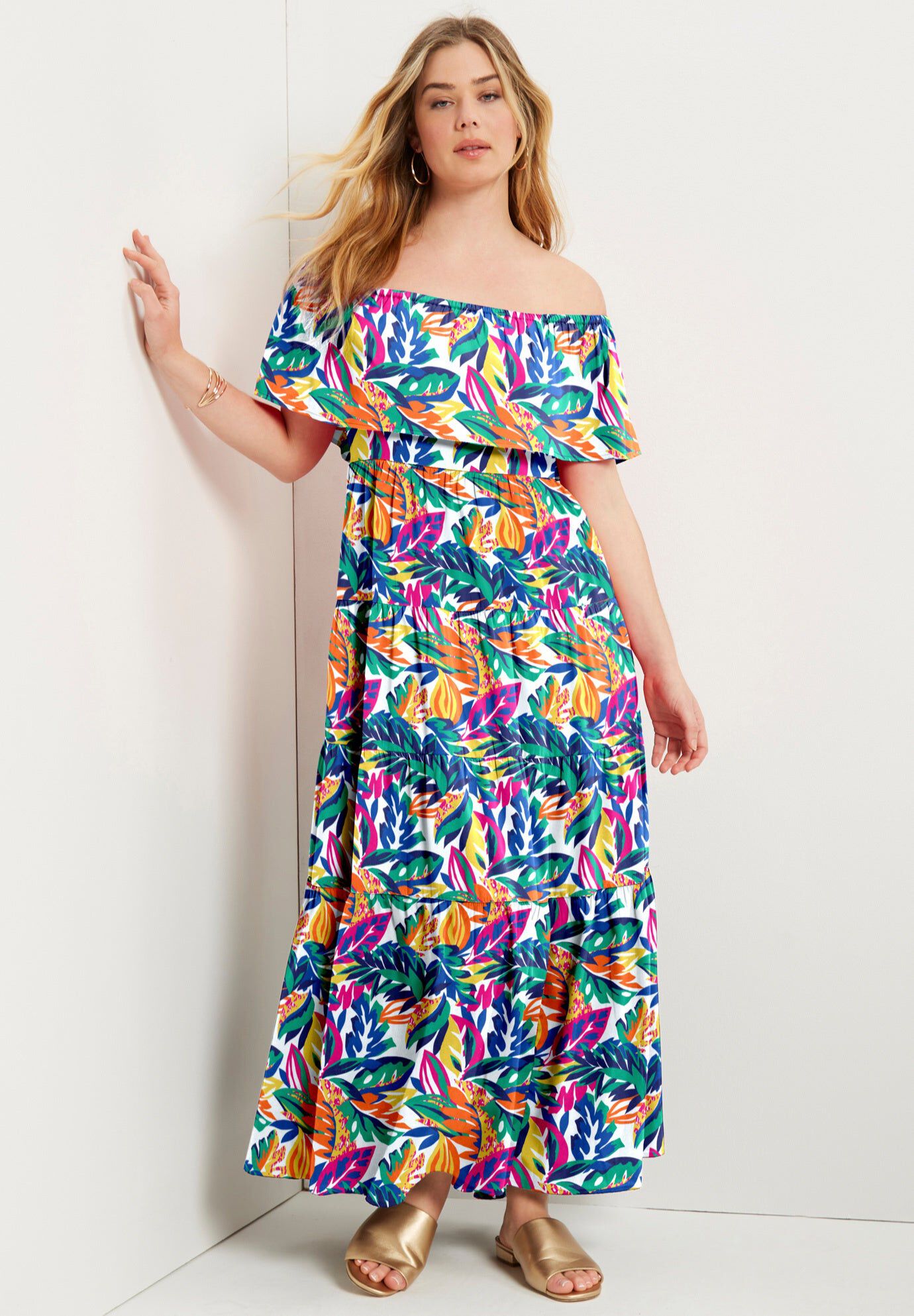 Off-The-Shoulder Tiered Maxi Dress, WHITE TROPICAL LEAVES, hi-res image number 0