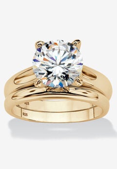 3 Cttw Round Cubic Zirconia 14K Gold-Plated Silver Solitaire Wedding Ring Set