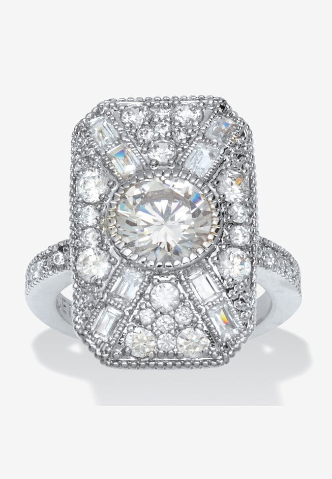 3.93 Tcw Round Cubic Zirconia Platinum-Plated Cocktail Ring, SILVER, hi-res image number 0
