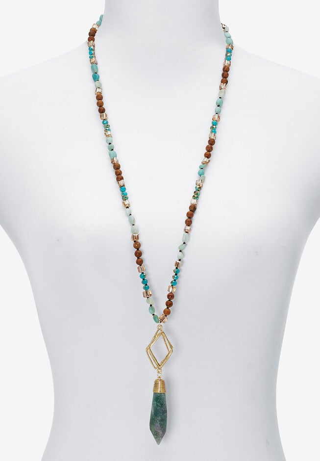 Genuine Blue Agate And Brown Agate Beaded Goldtone Drop Necklace, 34-Inch Length, , alternate image number 3