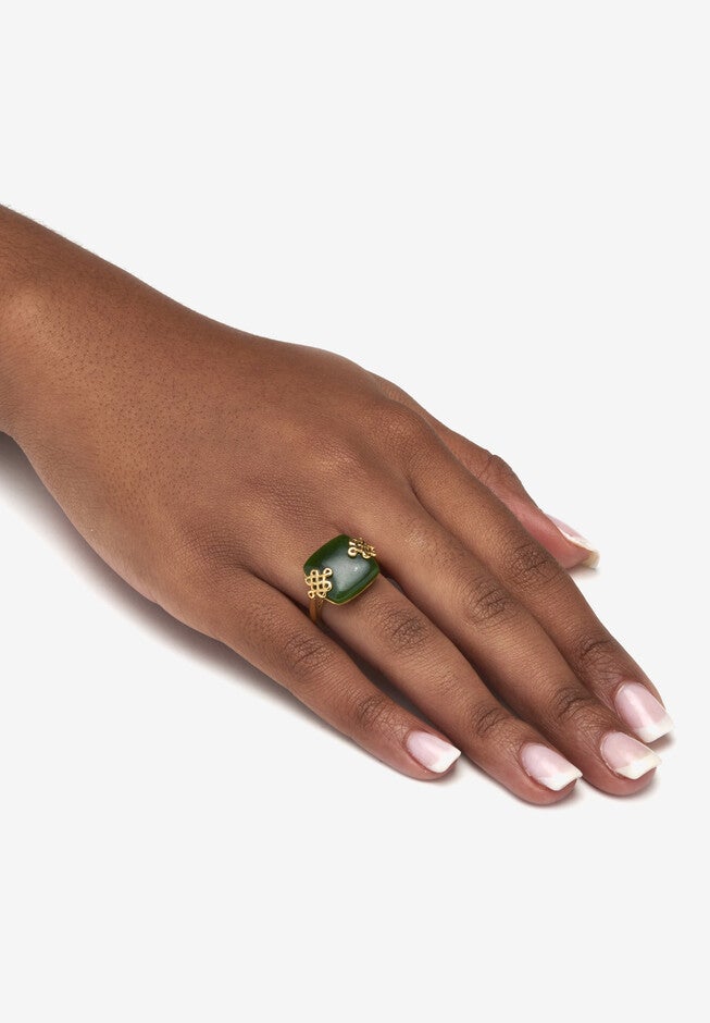 Cushion Cut Genuine Green Jade 18K Yellow Gold-Plated Ring, , alternate image number null