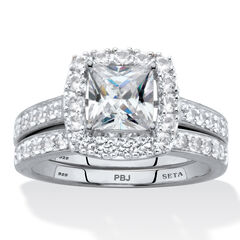 2.60 Cttw Platinum-plated Silver Created White Sapphire Engagement Ring Set