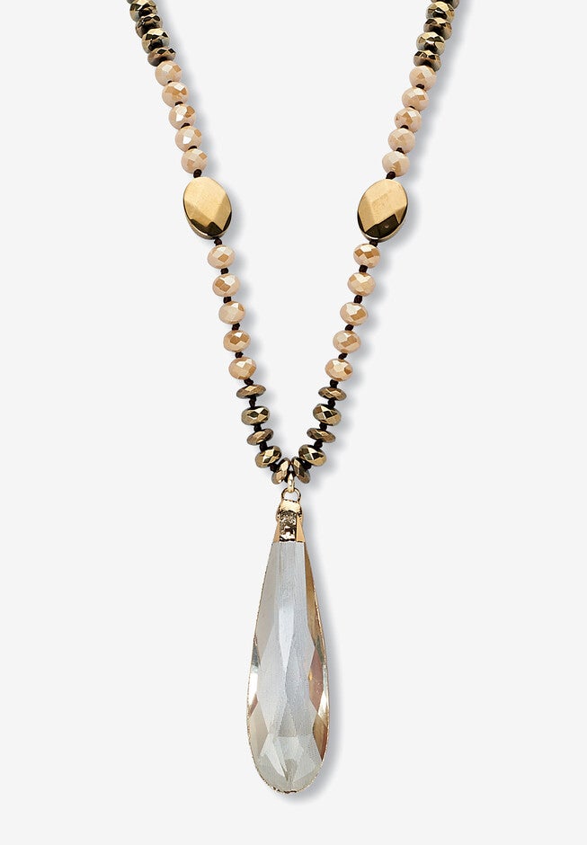 Brown Faceted Crystal Pendant Goldtone Drop Necklace, 32-Inch Length, GOLD, hi-res image number null
