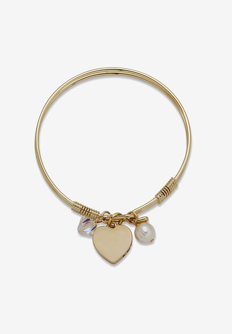 Goldtone Heart With Aurora Borealis Crystal And Simulated Pearl Charm Bangle, 7 Inch, , on-hover image number null