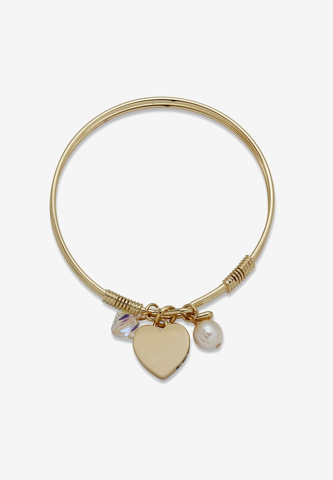 Goldtone Heart With Aurora Borealis Crystal And Simulated Pearl Charm Bangle, 7 Inch, , on-hover image number 1