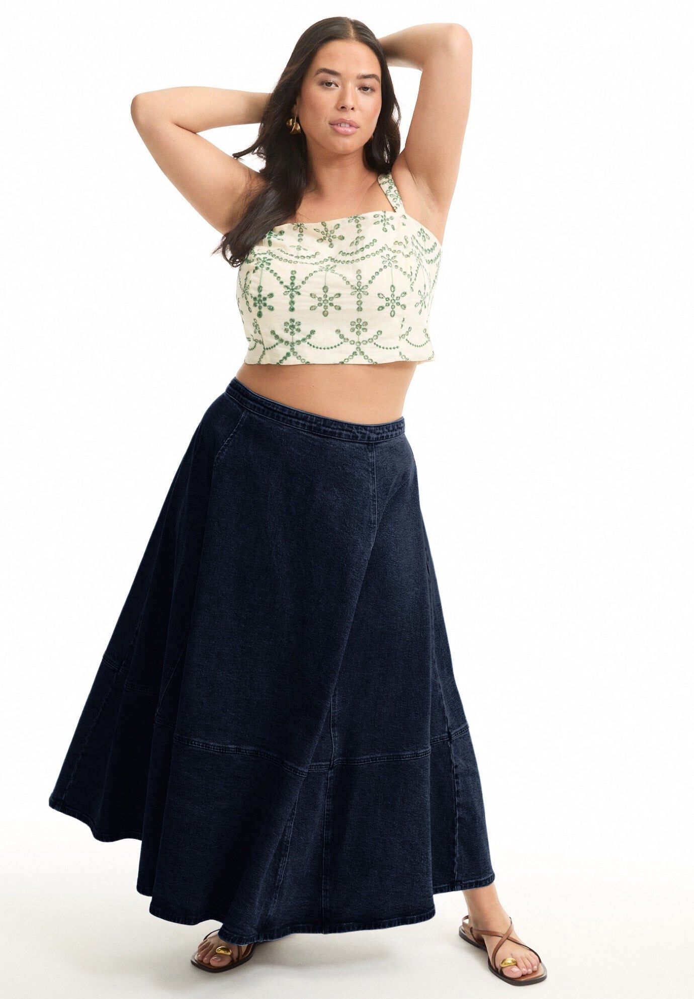 Fit-And-Flare Denim Midi Skirt, DARK RINSE, hi-res image number 0