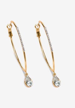 White Crystal Goldtone Hoop Teardrop Earrings (1.5")