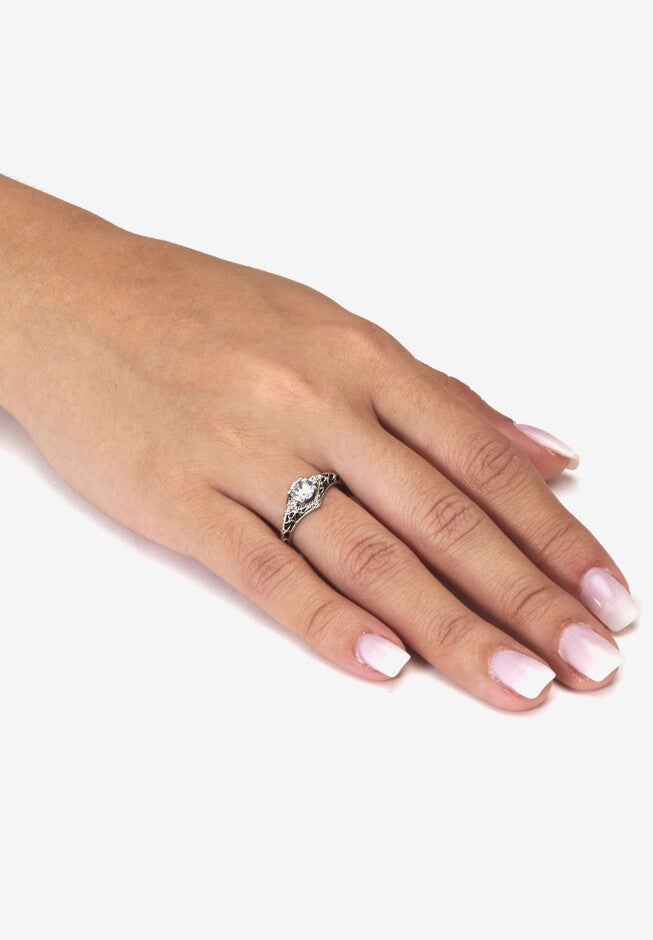 .75 Tcw Round Cubic Zirconia Antiqued Sterling Silver Filigree Ring, , alternate image number 2