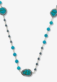 Genuine Turquoise And Crystal Silvertone Beaded Drop Necklace 36-Inch
