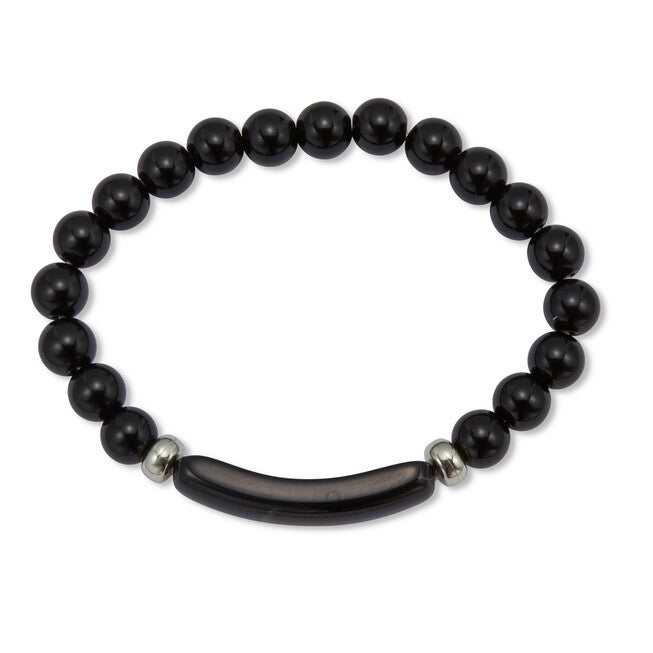 Genuine Black Agate Beaded Silvertone Stretch Bracelet 7-inch, BLACK, alternate image number 3
