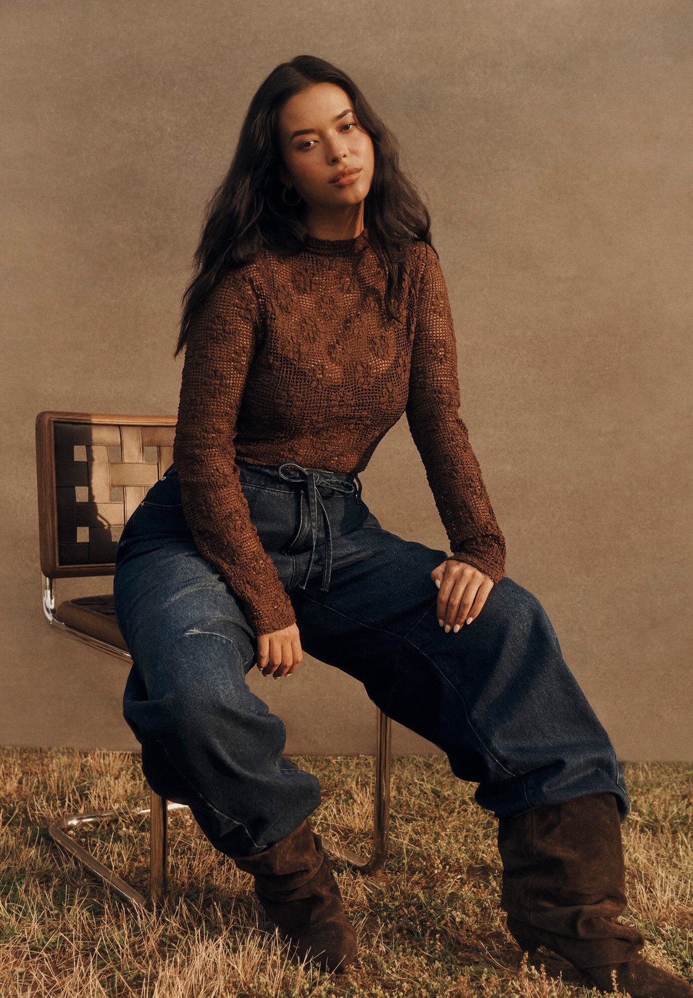 Floral Lace Mesh Funnel Neck Top
