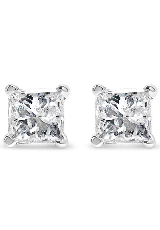Princesscut Square Diamond 4Prong Solitaire Stud Earrings In White Gold (H-I Color), , on-hover image number null