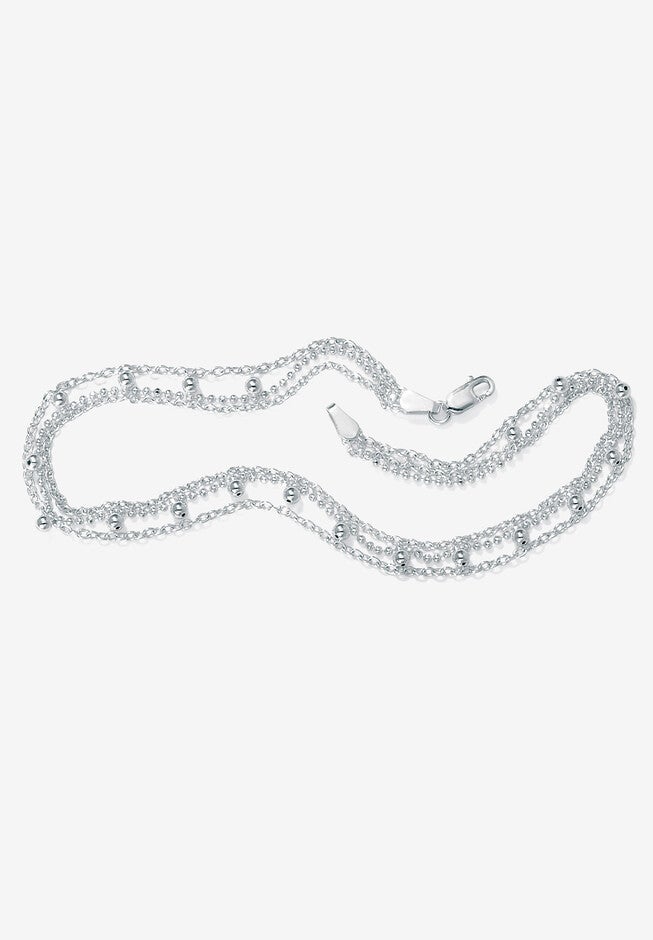 Sterling Silver Triple Strand Beaded Ankle Bracelet (1Mm), 10 Inches, SILVER, hi-res image number 0