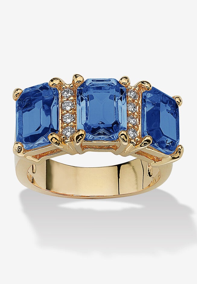 Yellow Gold-Plated Emerald Cut 3 -Stone Simulated Birthstone & CZ Ring, SEPTEMBER, hi-res image number 0