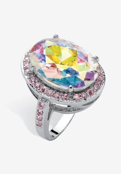 Silver Tone Aurora Borealis and Pink Halo Cocktail Ring
