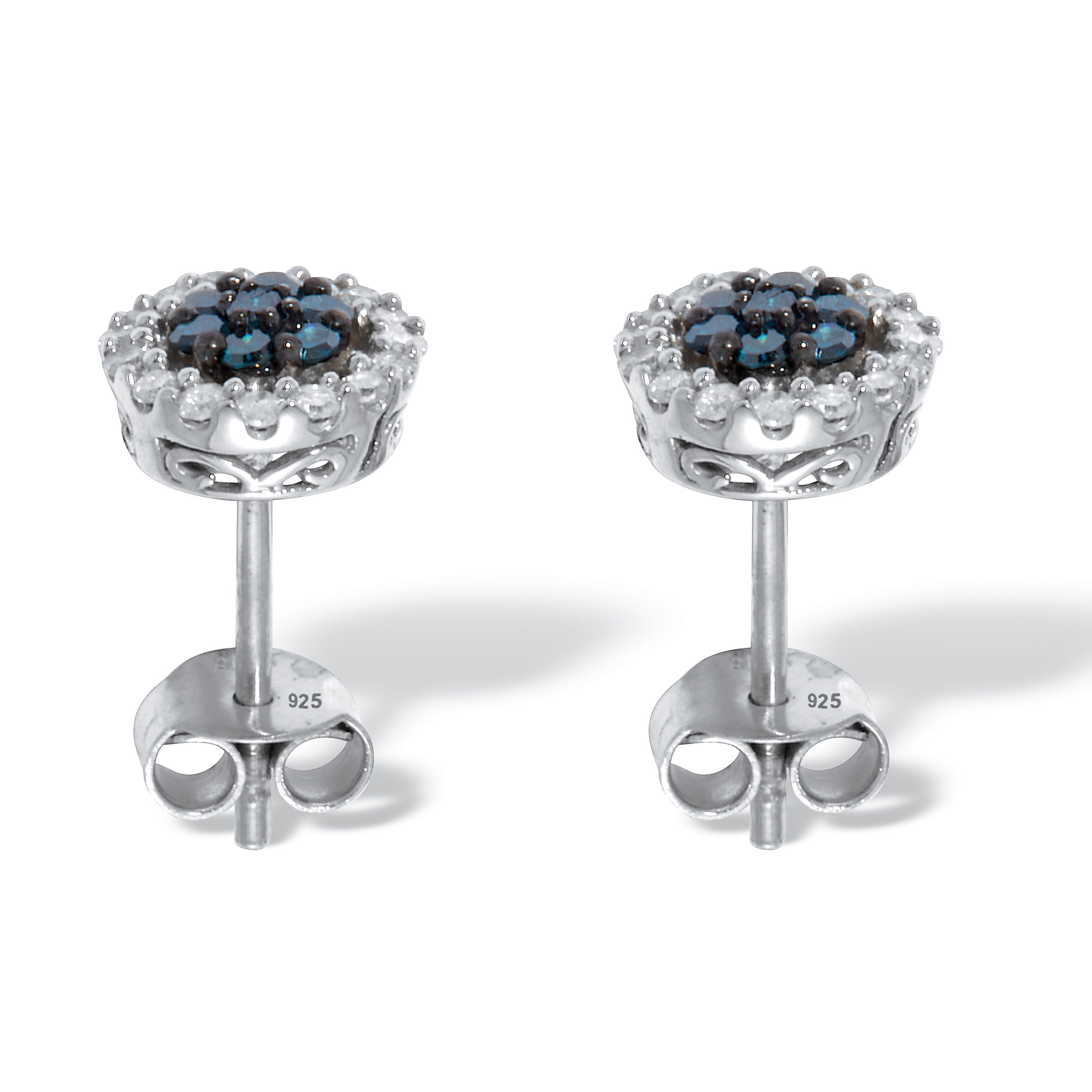 .49 TCW Blue Diamond Sterling Silver Halo Stud Earrings (3/10 inch), BLUE, on-hover image number 1