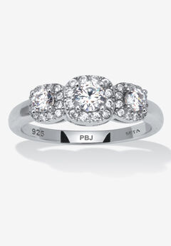 0.69 Tcw Round Cubic Zirconia Sterling Silver 3-Stone Halo Ring
