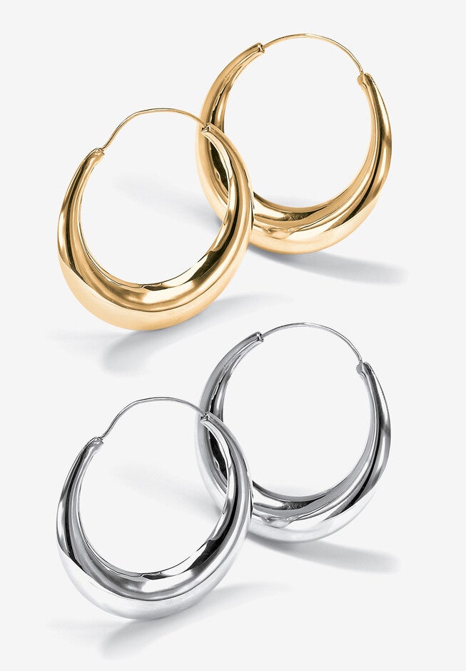Gold-Plated And Sterling Silver Polished Puffed Hoop Earring Set 1 7/8 Inch, , on-hover image number 1
