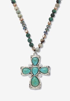 Genuine Jasper, Amazonite And Freshwater Pearl Silvertone Cross Necklace 32 Inch