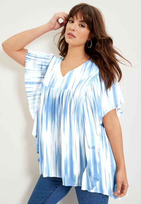 Flutter-Sleeve Swing Blouse, PALE BLUE TIE DYE, hi-res image number null