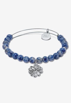 Genuine Blue Sodalite Silvertone Flower Charm Bangle, 7.5 Inches