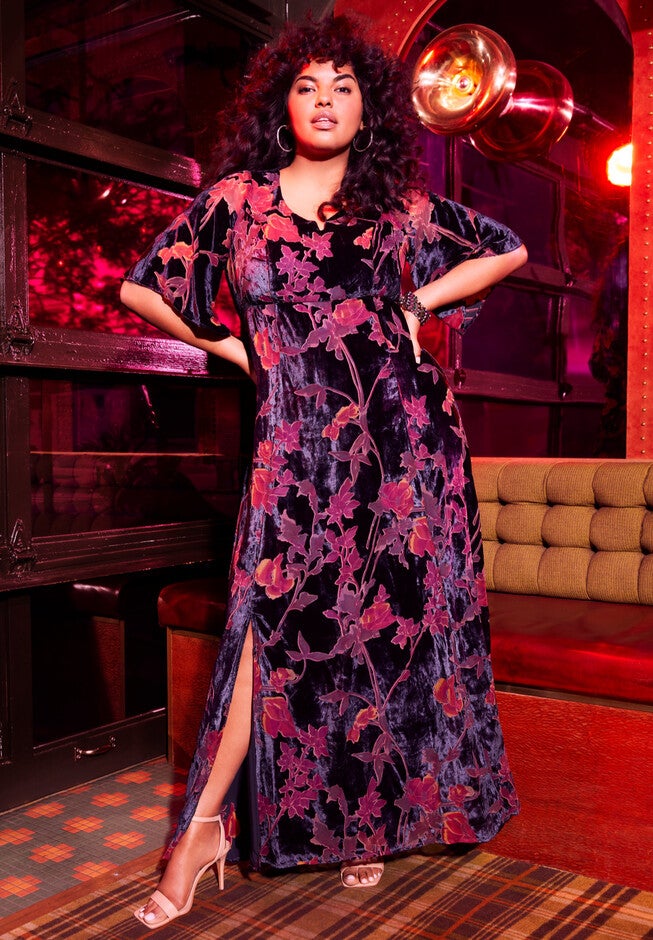 Burnout Velvet Maxi Dress with Flutter Sleeves, Navy Floral | Woman Within Burnout Velvet Maxi Dress with Flutter Sleeves, Navy Floral | Woman Within