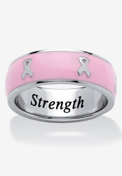 Stainless Steel And Pink Enamel Breast Cancer Awareness Ribbon "Serenity Courage Strength" Inscribed
