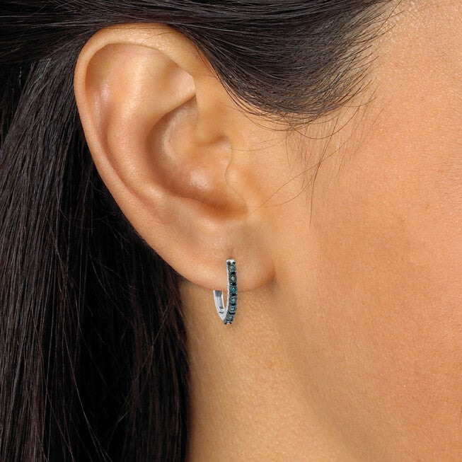 .05 TCW Blue Diamond Sterling Silver Hoop Earrings (1/2 inch), BLUE, alternate image number 2