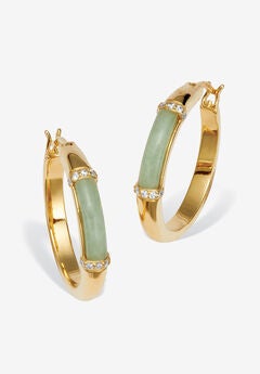 .18 Tcw Cz Cabochon Cut Genuine Green Jade 18K Yellow Gold-Plated Hoop Earrings
