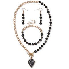 Genuine Black Howlite and Onyx Goldtone Beaded Necklace Set 18-inch