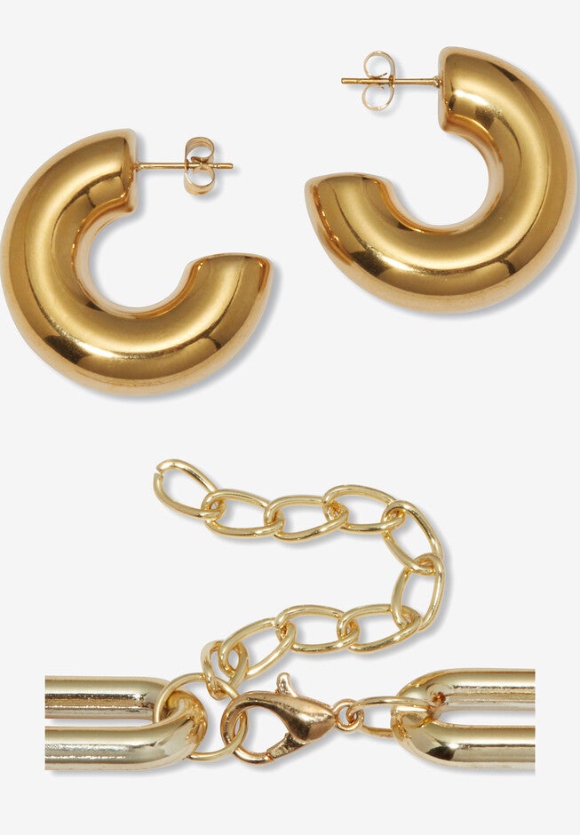 Acrylic Link Necklace Black and Gold Ion-Plated Stainless Steel Earrings Set, , alternate image number 6