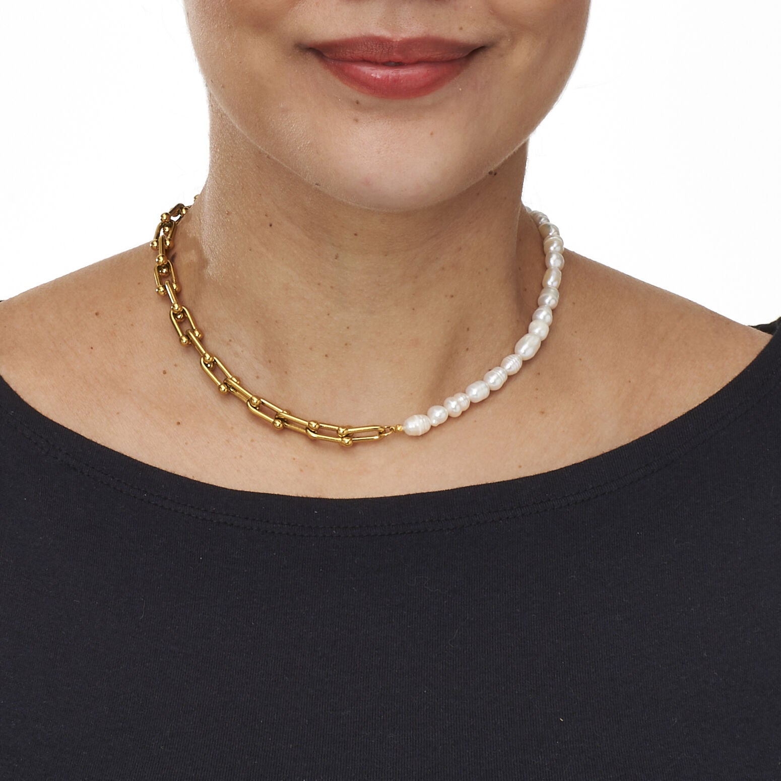 Pearl Gold-Ion Plated Stainless Steel Necklace 16-inch, WHITE, alternate image number 2