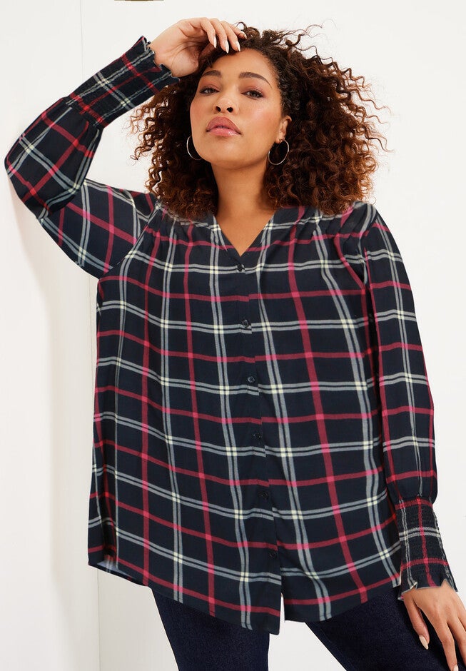 Pintuck Top, BLACK PLAID, hi-res image number 0