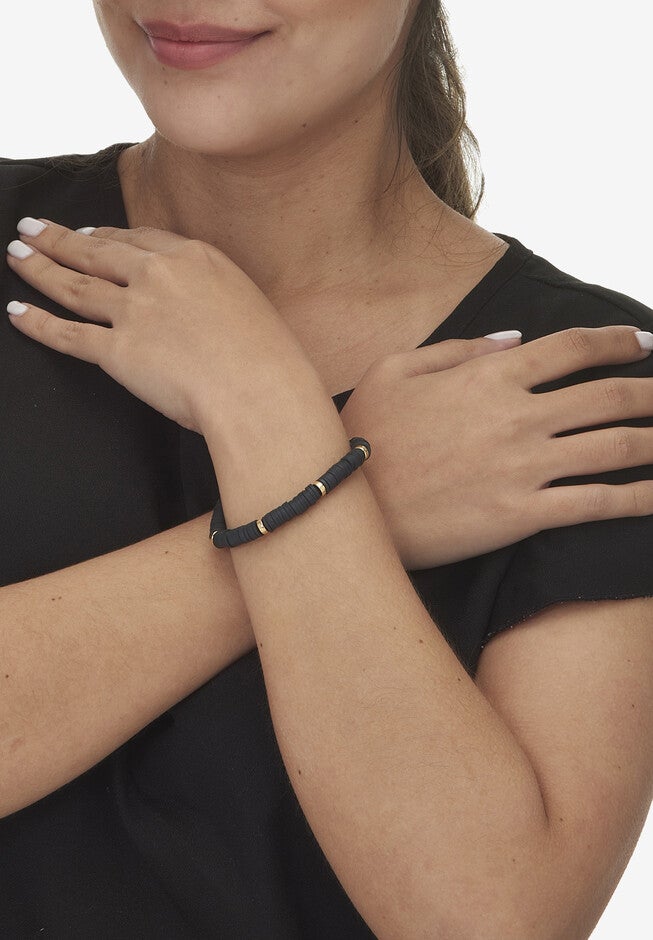 Black Disc Beaded Goldtone Hoop Earrings And Stackable Stretch Bracelet Set, , alternate image number 3