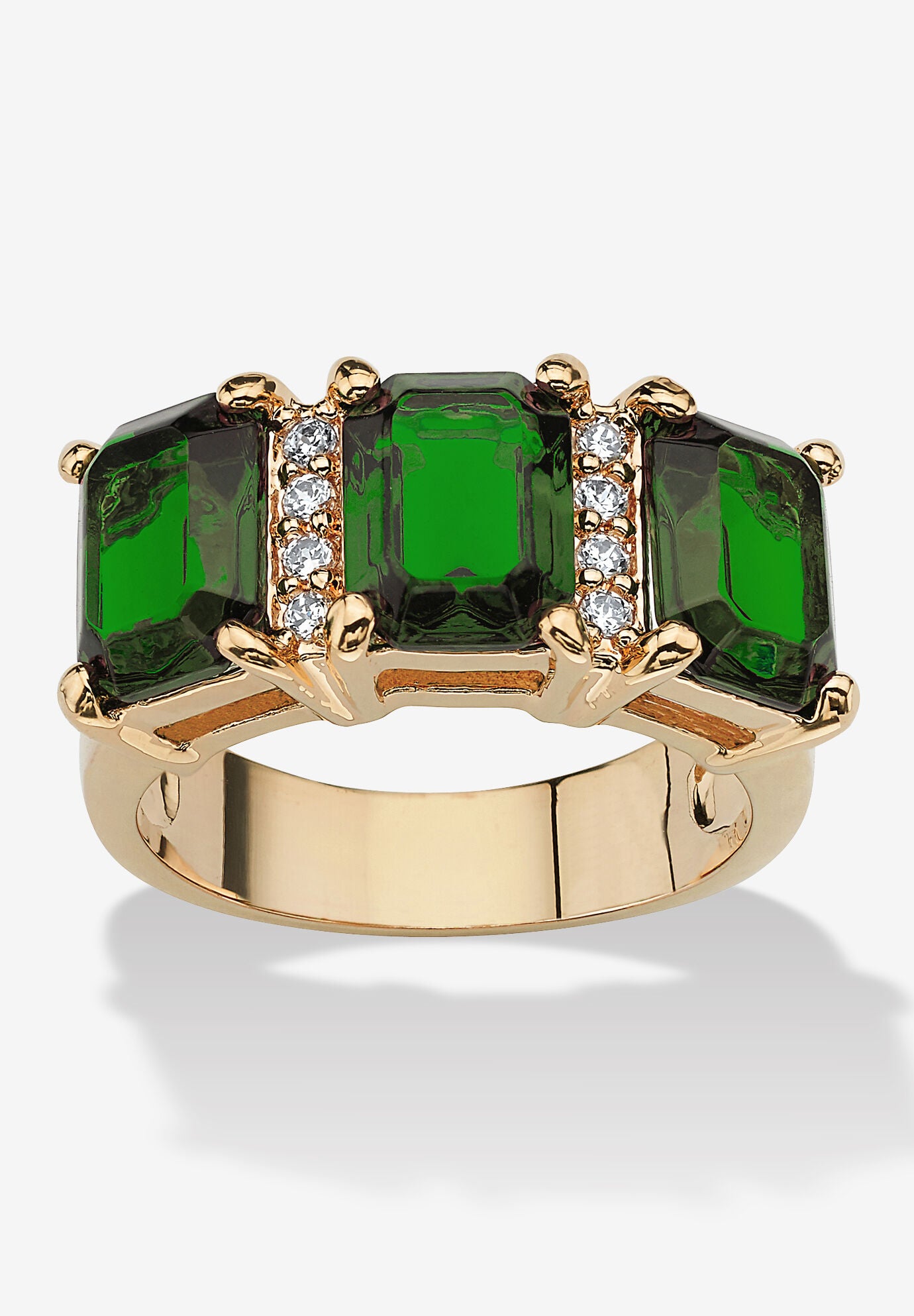 Yellow Gold-Plated Emerald Cut 3 -Stone Simulated Birthstone & CZ Ring, MAY, hi-res image number 0