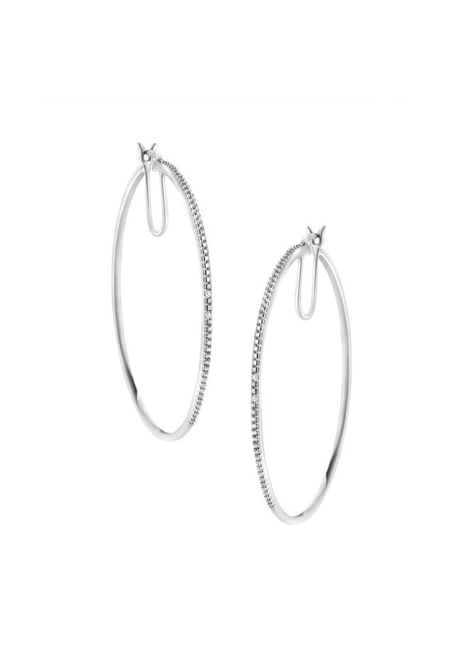 Sterling Silver Diamond Accent Medium D Hoops Earrings, WHITE, hi-res image number 0