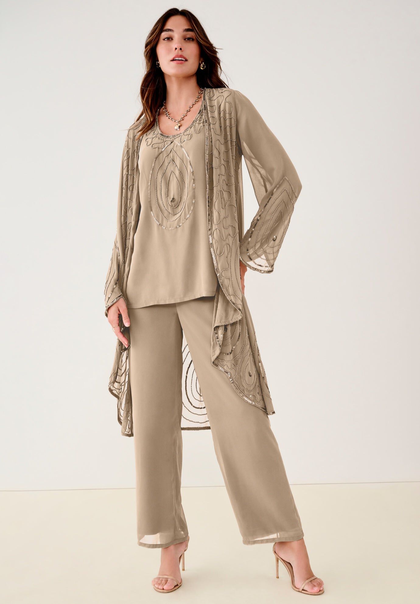 Plus Size Beaded Georgette Scoop Neck 3-Piece Pant Set