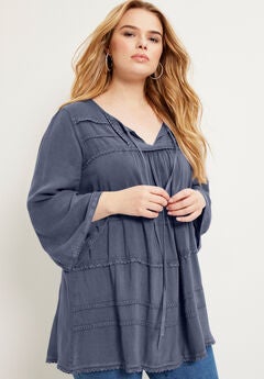 Acid Wash Peasant Blouse