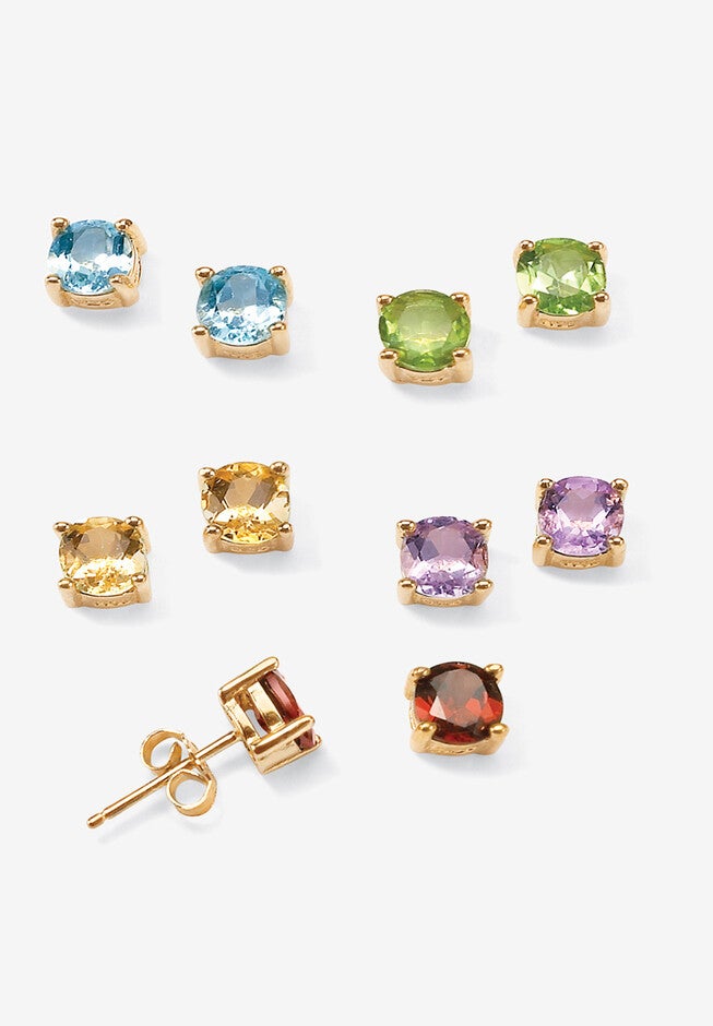 4.92 Tcw 5-Pair Set Of Genuine Gemstone Earrings 18K Gold-Plated Sterling Silver, BLUE, hi-res image number 0