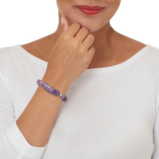47.5 TCW Genuine Amethyst Silvertone Beaded Bracelet 7-inch Length, PURPLE, alternate image number 2